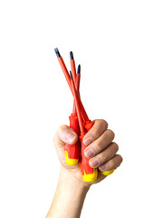 Electrician's tools in hand. Selective focus.