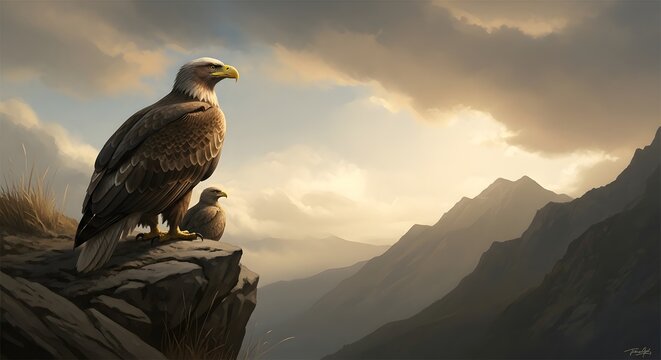 Eagle and eaglet on rocky cliffside overlooking mountains