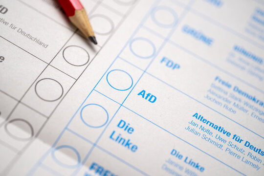 ballot paper German federal elections, marking ballot for AfD party, electoral integrity, democratic process and citizens voting rights, political choices in Germany, Frankfurt - February 6, 2025