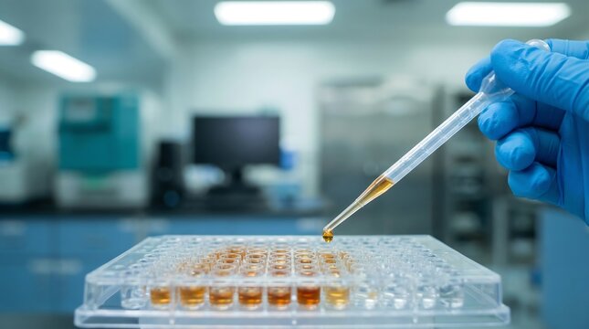 A gloved hand holding a pipette over a tray of test tubes