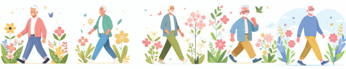 vector of a grandfather walking happily in the park during spring