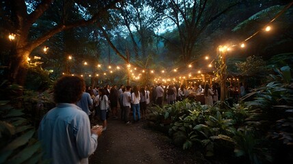 Fototapeta premium Outdoor evening party illuminated by string lights in a lush forest