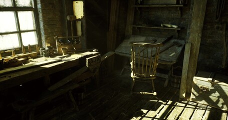 sunlit artist bench with jars, brushes and scattered sketches, warm beams illuminate textured floor and messy shelves, creative pause vibe with tactile