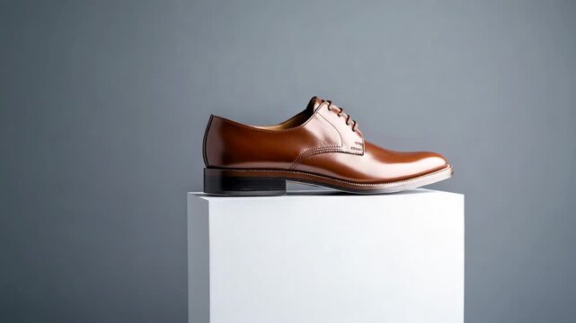 Brown leather dress shoe on white pedestal against gray background