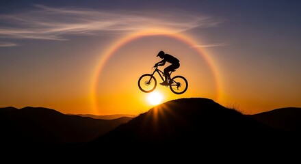 Obraz premium Silhouetted Mountain Biker Jumping at Sunset with Sun Halo