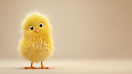 Cute spring illustration of one Easter chick on a pastel background. Minimal style with wide copy space for kids designs, Easter promotions, banners and holiday cards.