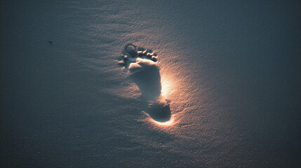 A single footprint in damp sand, the pressure evenly distributed, glowing with a soft therapeutic light.