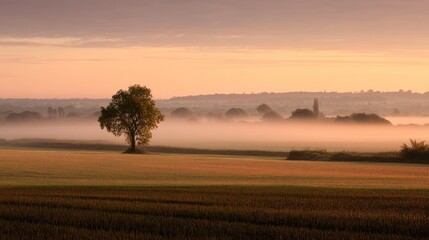 Fototapeta premium A lone tree stands in a misty field at sunrise, with a muted orange and pink sky and a golden hue on the ground.