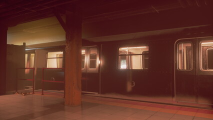 A serene subway platform awaits travelers as a train arrives. The dim lighting creates a warm ambiance, while the stations architecture adds a unique charm to the evening atmosphere. © icetray
