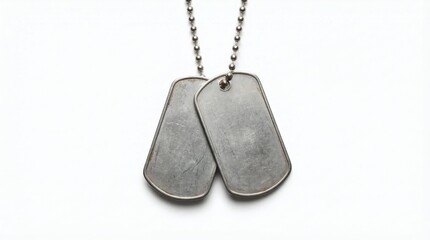Two scratched, metal dog tags on a beaded chain.