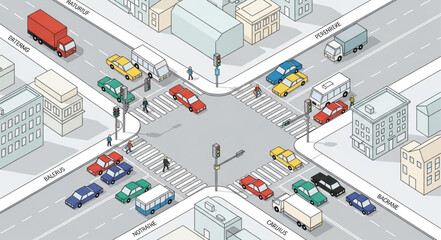Obraz premium Isometric View of a Busy City Intersection with Cars and Pedestrians.