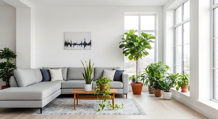 Fototapeta premium Modern Living Room with Plants and Gray Couch