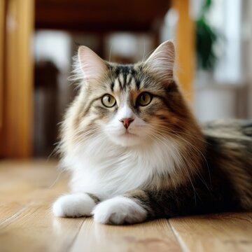 Longhaired green-eyed calico domestic cat lying on wooden floor closeup portrait white paws relaxed attentive indoor