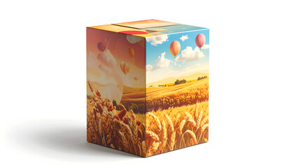 A colorful cube box design, featuring a wheat field landscape with hot air balloons
