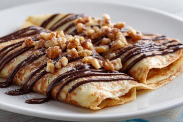 Chocolate nut drizzled crepes walnuts hazelnuts sweet dessert breakfast folded pancakes on white plate with chopped nuts and dark chocolate sauce