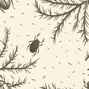 A minimalist vector graphic illustration of a beetle and pine branches on a beige background