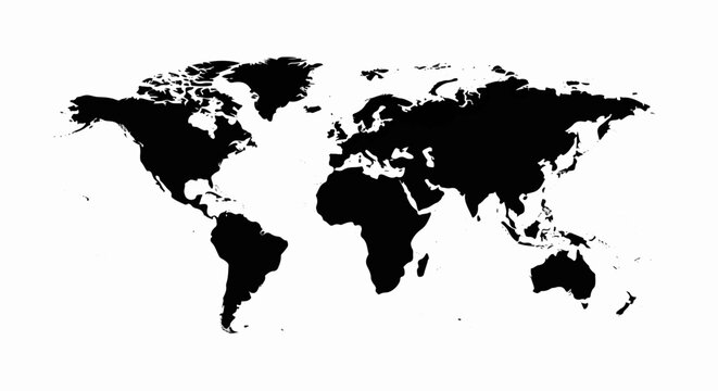 A black and white illustration of the world map is displayed against a white background