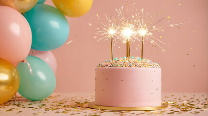 Rosa Geburtstagstorte mit funkelnden Wunderkerzen und Ballons