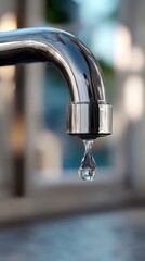Chrome faucet drip closeup water drop macro kitchen sink stainless reflection detail capture of a single hanging droplet with shallow depth of field