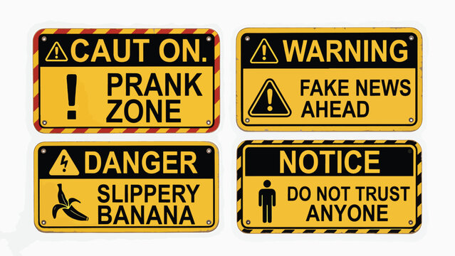 Set of warning signs for april fool&rsquo;s day, cautioning about pranks, fake news, slippery bananas, and distrust