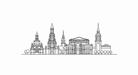 Obraz premium A black and white line drawing of a city skyline with ornate buildings and trees