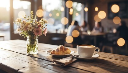 Cozy Coffee Shop Table with Flowers and Pastry