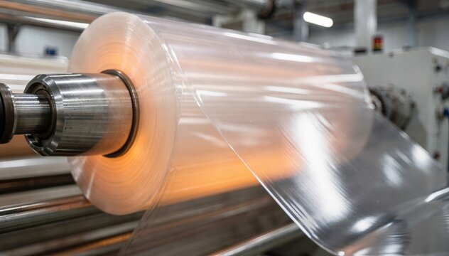 Medium shot showcasing molten CPP film casting on chill roll emphasizing flexibility and glossy finish during the cooling process.