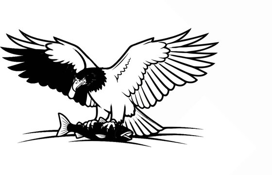 A black and white drawing of a bird of prey with its prey