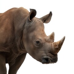 Obraz premium Brown rhinoceros angled portrait isolated on white background head and horn close perspective textured hide and ears