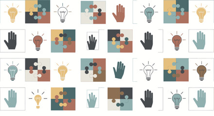Naklejka premium Hand icons with lightbulbs and puzzle pieces.