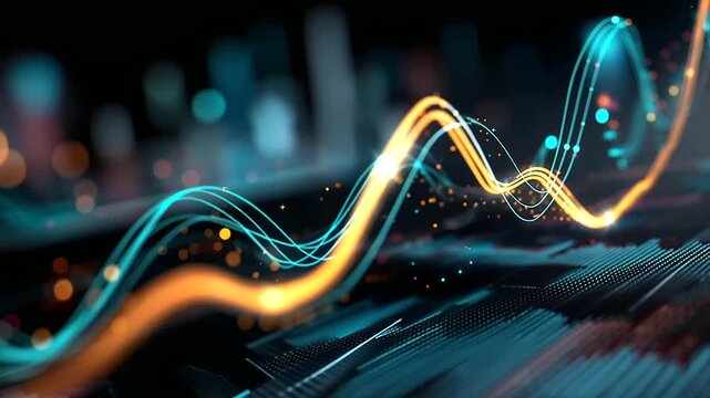 Abstract wide format digital visualization of colorful graphs and dynamic chart forms representing financial growth and market trend analysis cascading line graphs in vivid