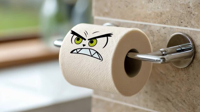 Toilet paper roll with angry cartoon face in bathroom setting during daytime