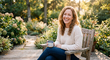 Obraz premium Serene Moment in Garden: A woman, radiating warmth, enjoys a quiet moment in a beautiful garden. Smiling gently, she sits on a wooden chair, holding a mug.