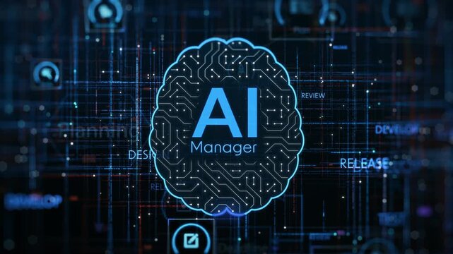 AI assistant for Agile project management, AI automation workflow, project life cycle, conceptual animation (3d render)