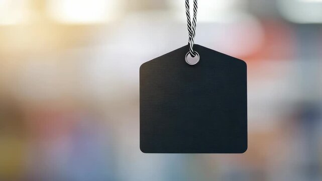 Black blank price tag hanging on string in blurred store background