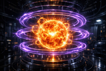 Obraz premium Futuristic nuclear fusion plasma sphere suspended in magnetic confinement rings representing stable fusion energy research and clean power breakthrough visualization