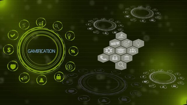 Gamification icon set. Containing reward, challenge, competition, motivation, problem-solving, achievement and user engagement icons. Solid icon collection. 4k motion video isolated on transparent