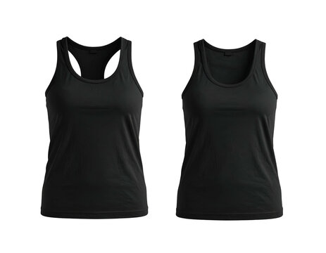 Two black sleeveless tops, one racerback and one standard, are isolated against a dark background