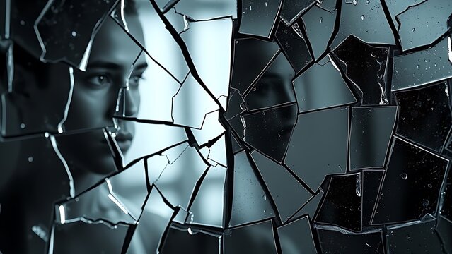 shard. Shattered mirror pieces reflecting fragmented and distorted images. wellbeing guides, coaching materials, designed for mental health education and mindfulness programs.