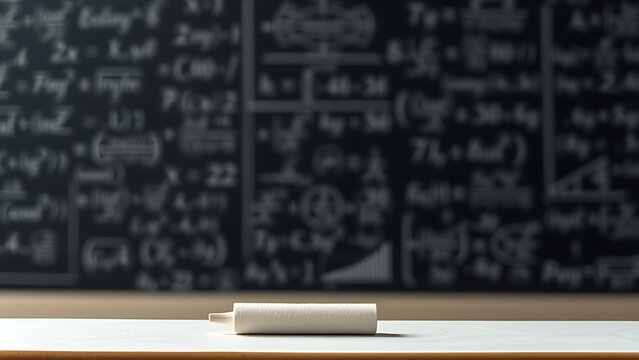 climatological. A piece of chalk on a ledge before a blackboard with complex equations, soft window light. STEM education sheets.