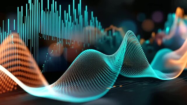 Abstract wide format digital visualization of colorful graphs and dynamic chart forms representing financial growth and market trend analysis cascading line graphs in vivid