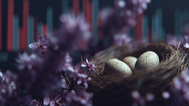 Nature's cradle: a serene view of life among blooming blossoms. Stock performance. Gentle nesting: eggs cradled in the embrace of blossom branches. Capital growth. Financial success.