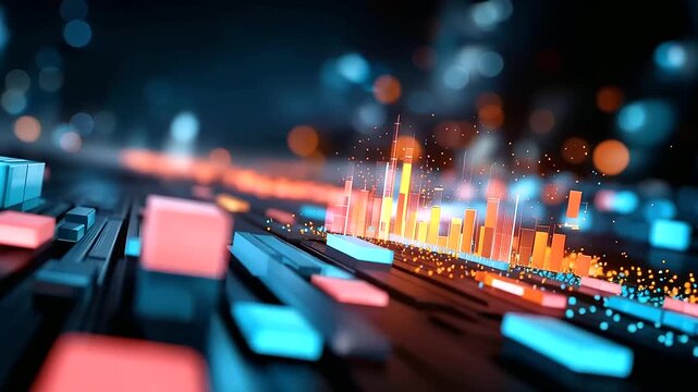 Abstract wide format futuristic e commerce analytics background a sweeping dynamic data visualization with floating product category metric tiles conversion funnel charts and