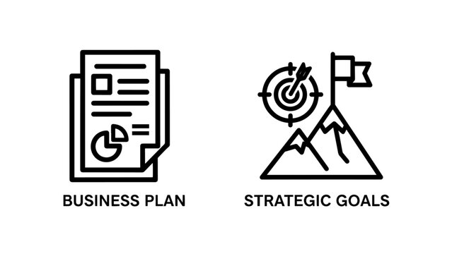 Business plan document and strategic goais icons for corporate planning and achievement outline