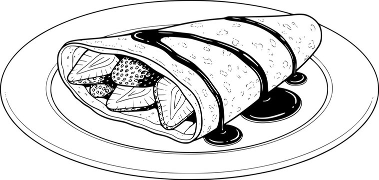 A black and white illustration of a delicious strawberry crepe on a plate
