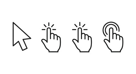 Fototapeta premium Collection of various black line vector pointer icons showing selection interaction and pressing gestures