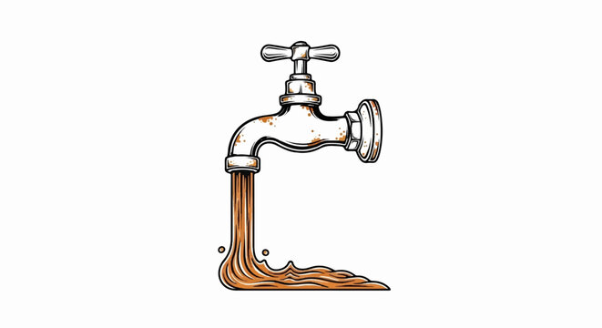 An old, rusty faucet drips brown liquid forming a stylized 'L' shape
