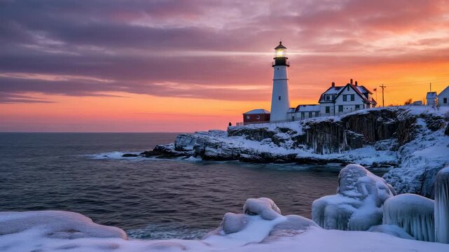 Snow-covered lighthouse on rocky winter coastline at sunrise