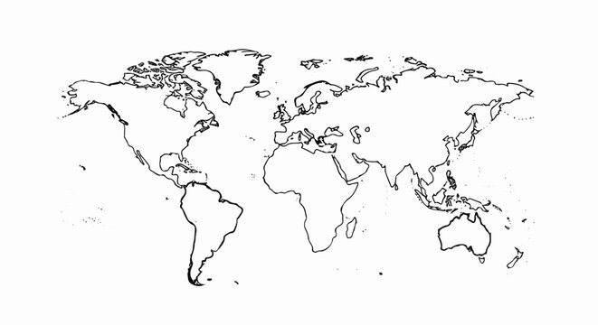 A simple, black and white outline of the world map showing continents and islands