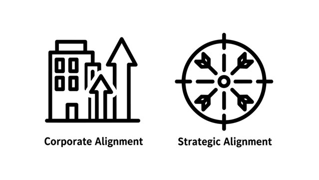Corporate and strategic aiignment icons, building and target symbols for business goais
